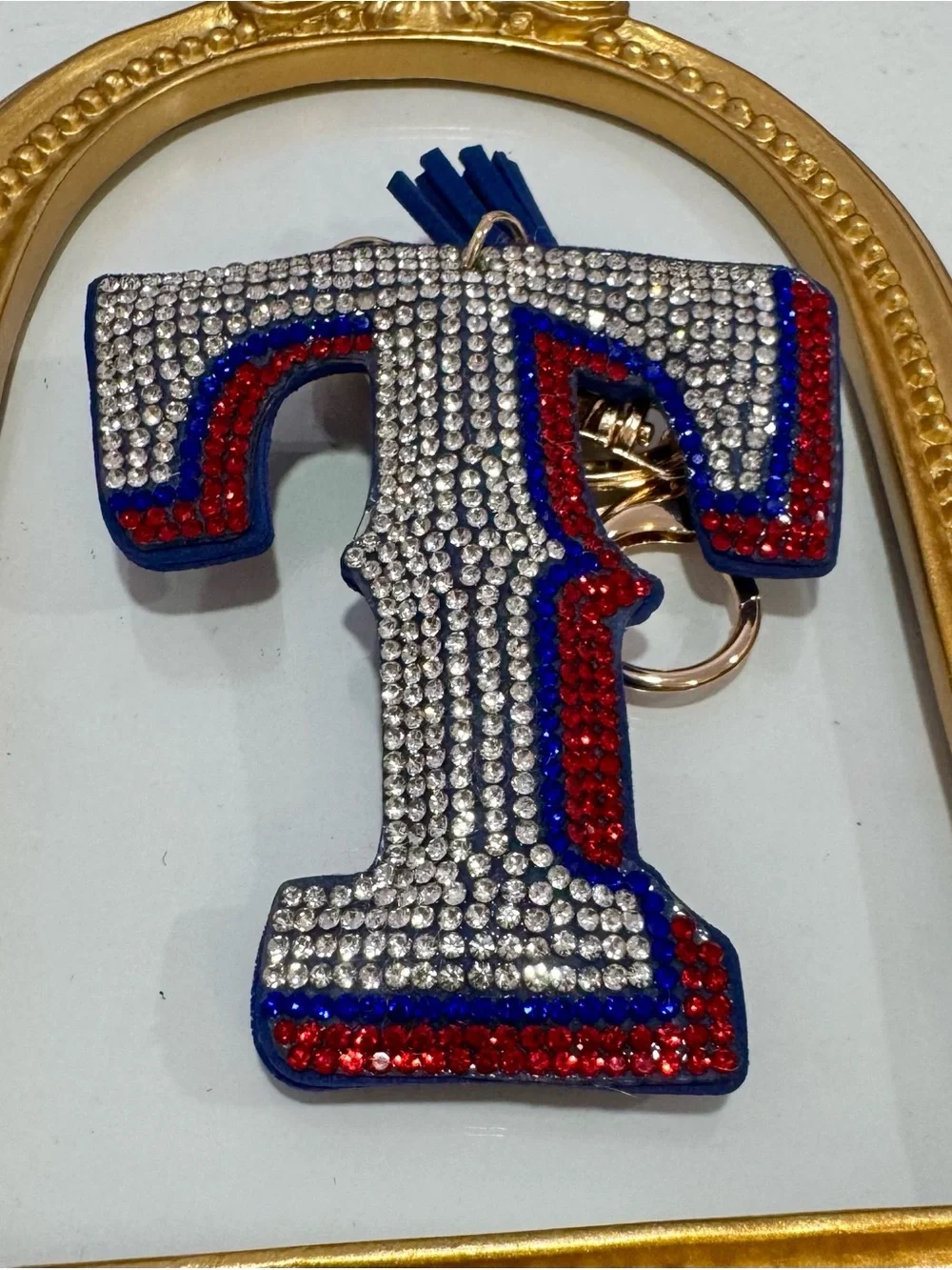 New Crystal-Embellished Letter T Keychain - Blue, Red & Silver